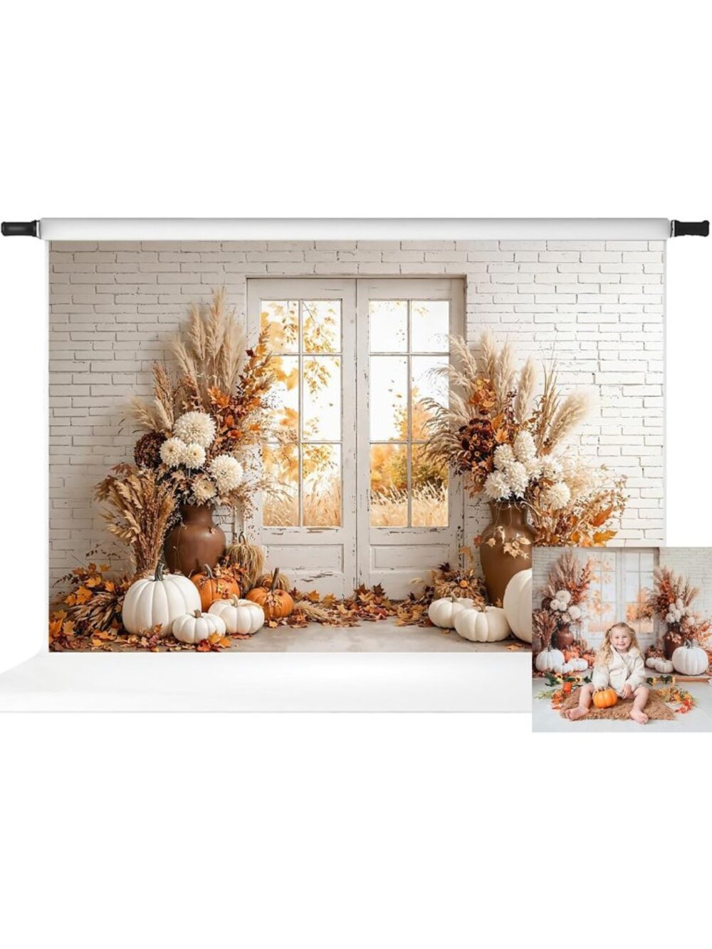 Autumn Harvest Pumpkin Photography Backdrop, Boho White Brick Wall Prop